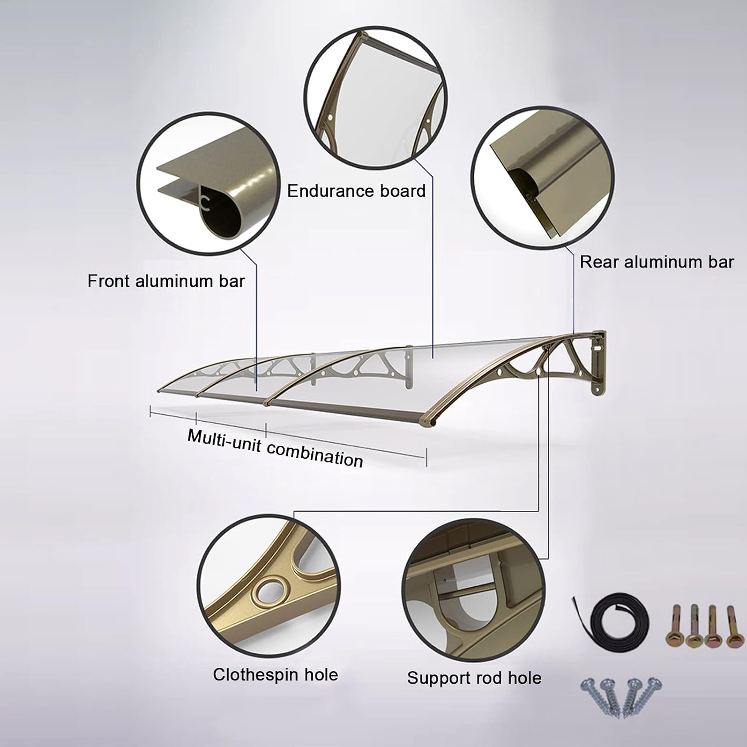 Curved Window Door Canopy,Garden Canopy Awning,Outdoor Silent Roofing Rain Shelter,Patio Porch Awning Polycarbonate Cover Aluminum Brackets,Sunshade Awning,60-450cm (60x320cm/24 x126)