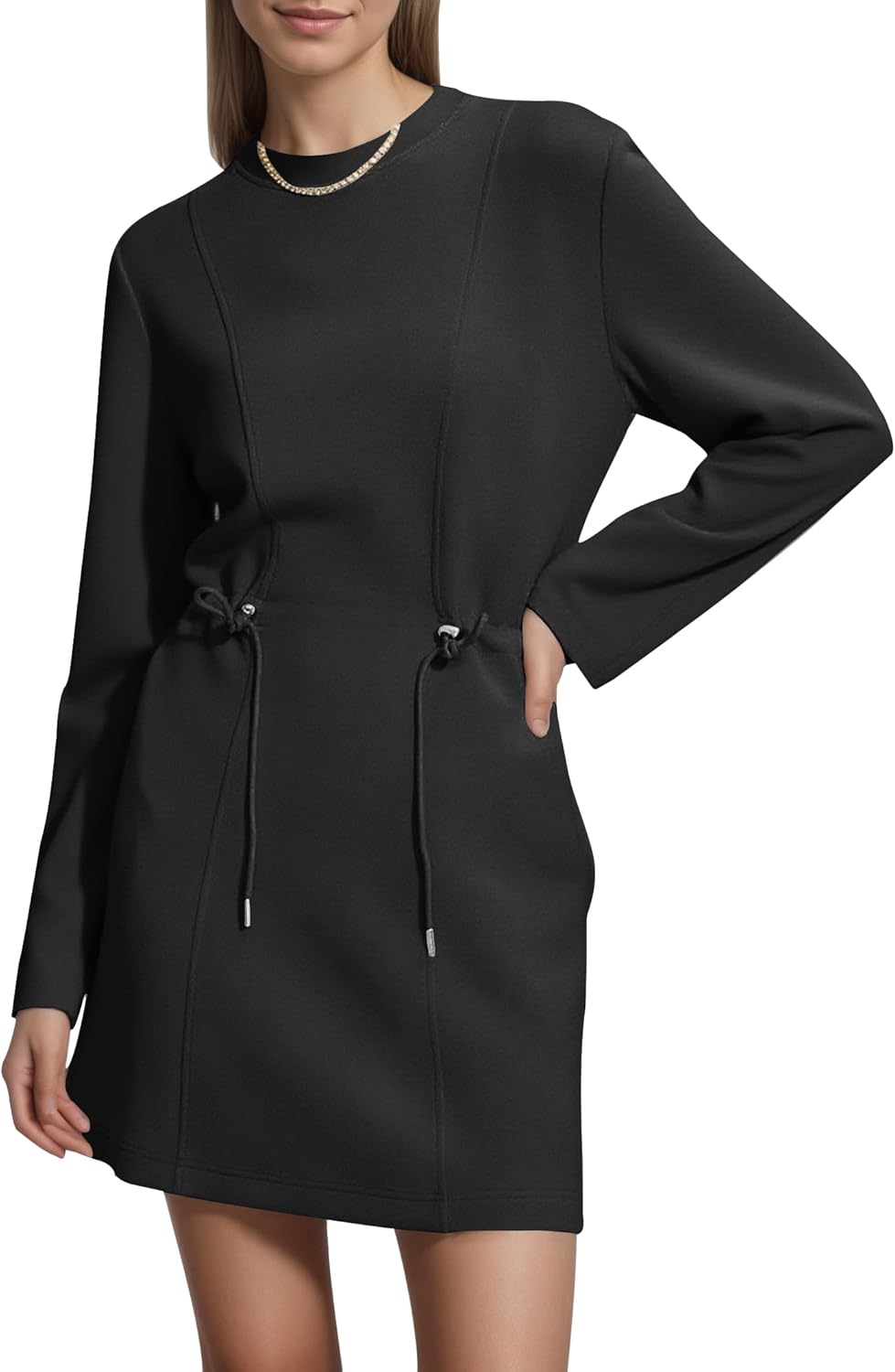 COCOMARTS Womens Long Sleeve Crewneck Sweatshirt Dress Drawstring Waistband Casual Tunic Tops Mini Dresses 2025 Fall Clothes