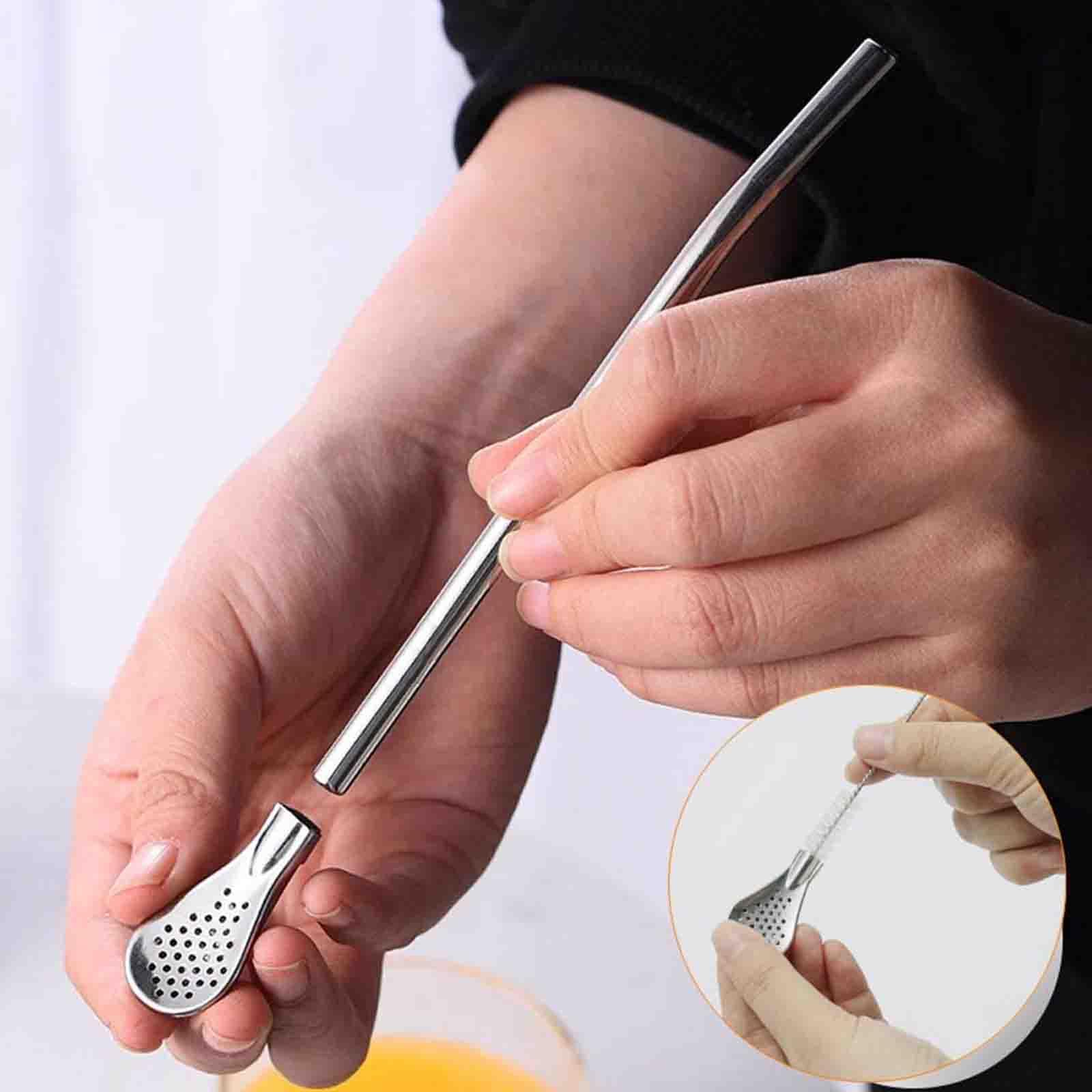 Cuchara de Filtro de Paja de Acero Inoxidable Extraíble, Paquete de 6 Pajitas de Té con 1 Cepillos de Limpieza, Cuchara de Paja de Metal Reutilizable, para Beber Té Suelto, Café Helado