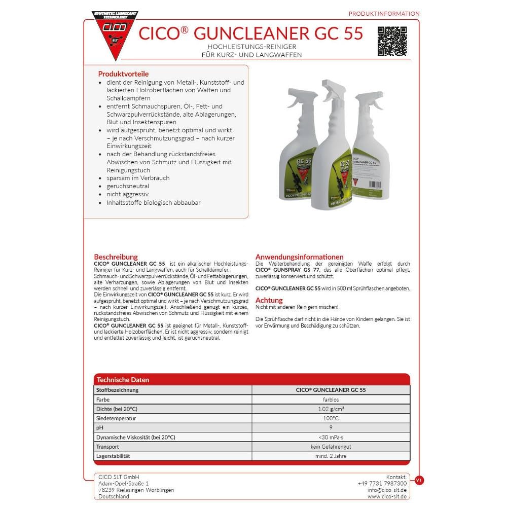 CICO Guncleaner GC 55 - Hochleistungs Reiniger für Kurz- und Langwaffen 500ml - Waffenreiniger Wartung Öl - biologisch abbaubar und geruchsneutral