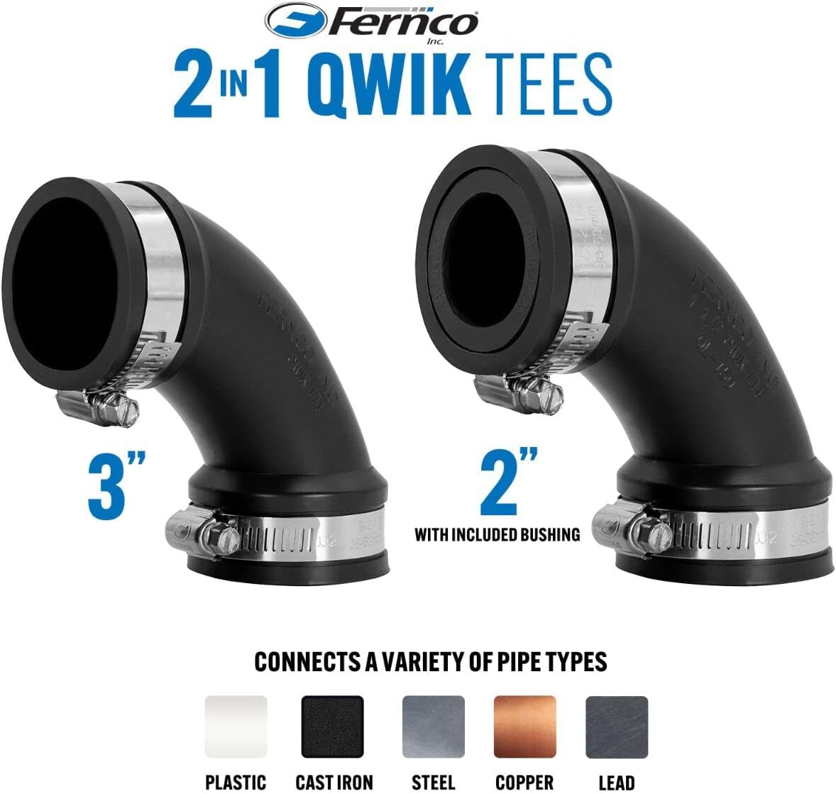 Fernco 3" Flexible PVC 90-Degree Elbow Includes Optional 2" Reducer Bushing for DWV Cast Iron, Steel and Plastic Pipe Connections