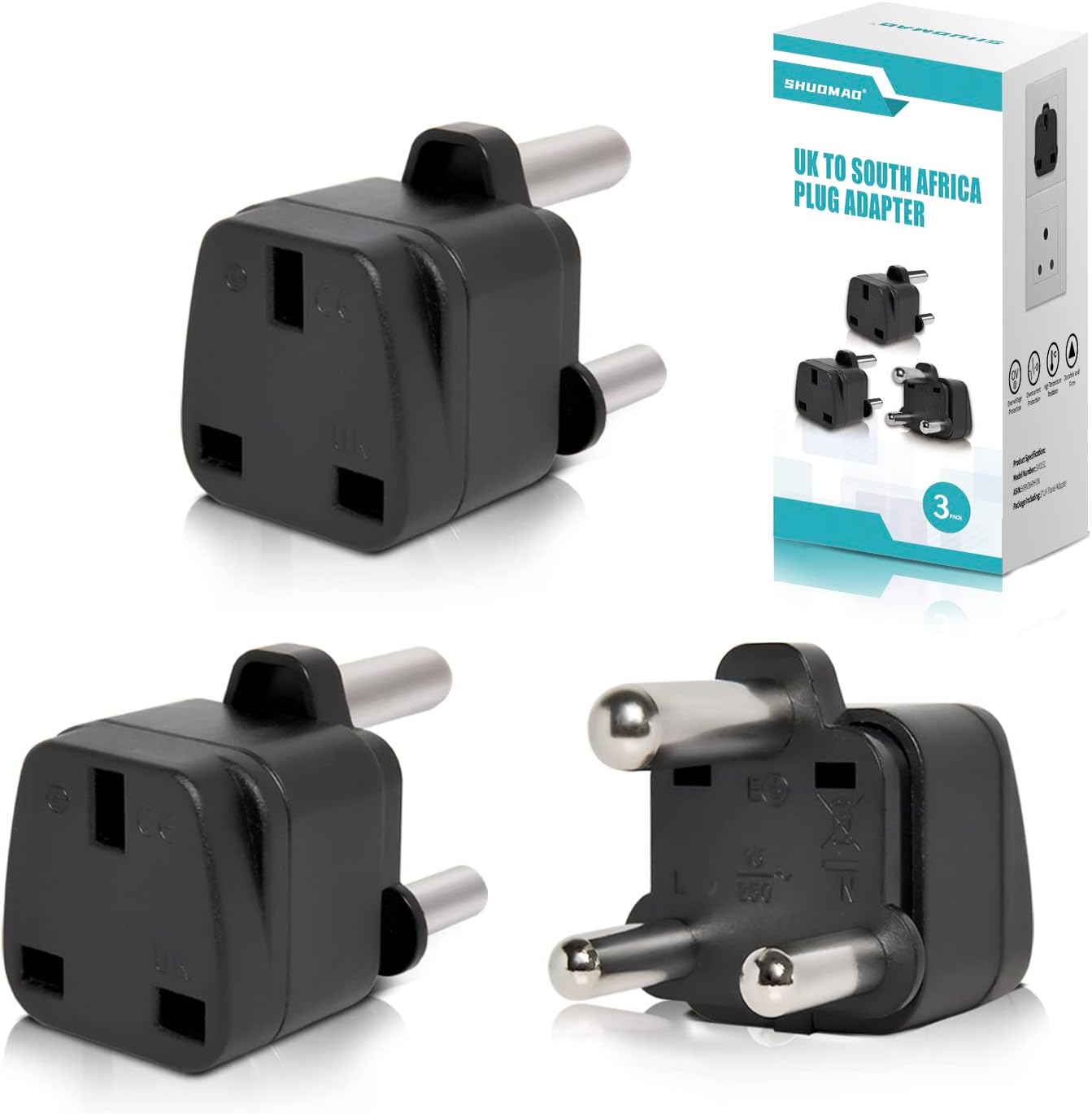 3PACK UK to South Africa Plug Adapter,SHUOMAO UK to South Africa