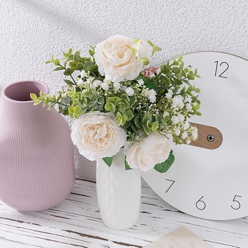 Miniatura 3 de KIRIFLY Flores artificiales falsas en jarrón, centros de mesa de flores de seda sintética para decoración del hogar de boda (Peony Babysbreath)