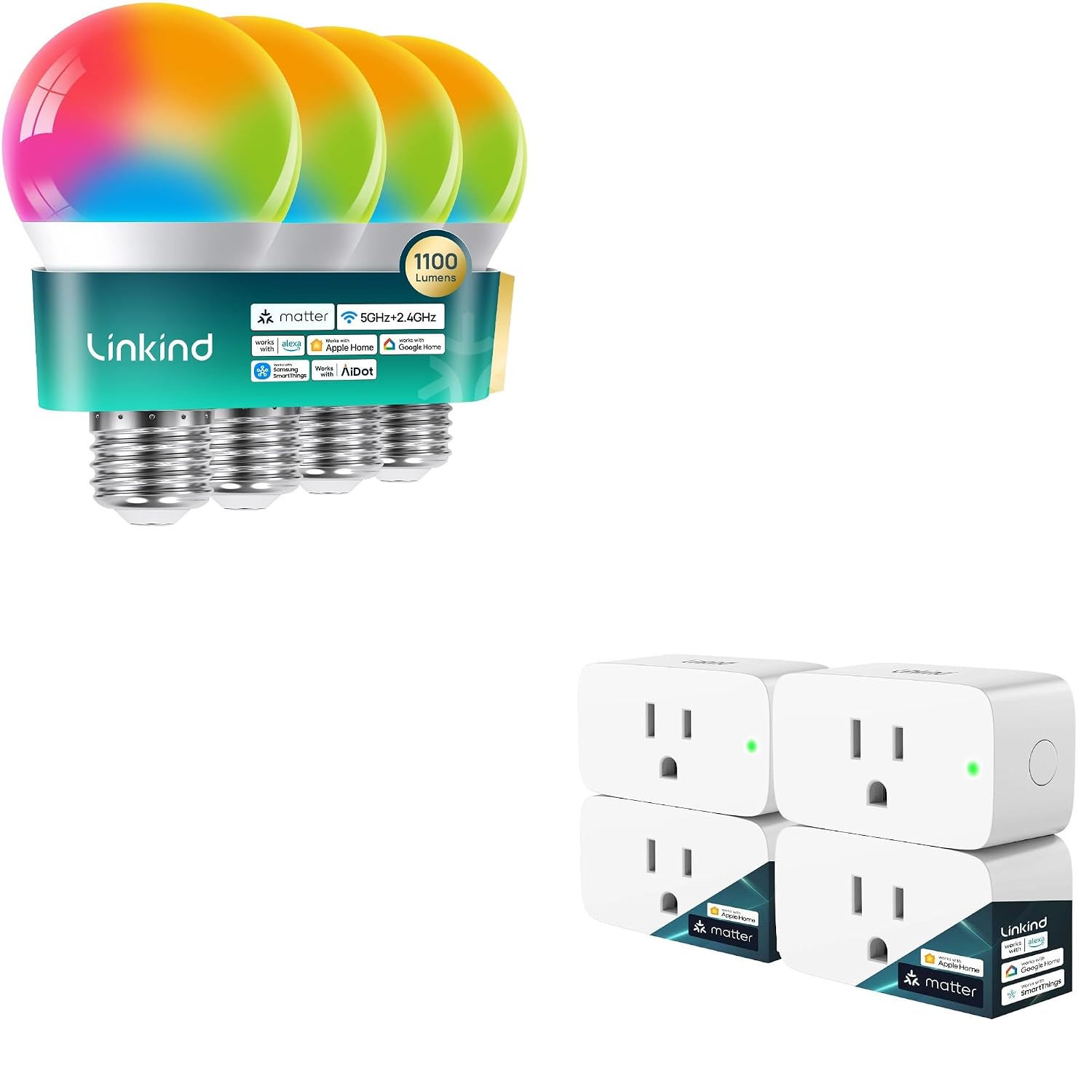 Linkind Matter Smart Light Bulbs UltraColor 5GHz 4 Pack & Matter Smart Plug 4 Pack
