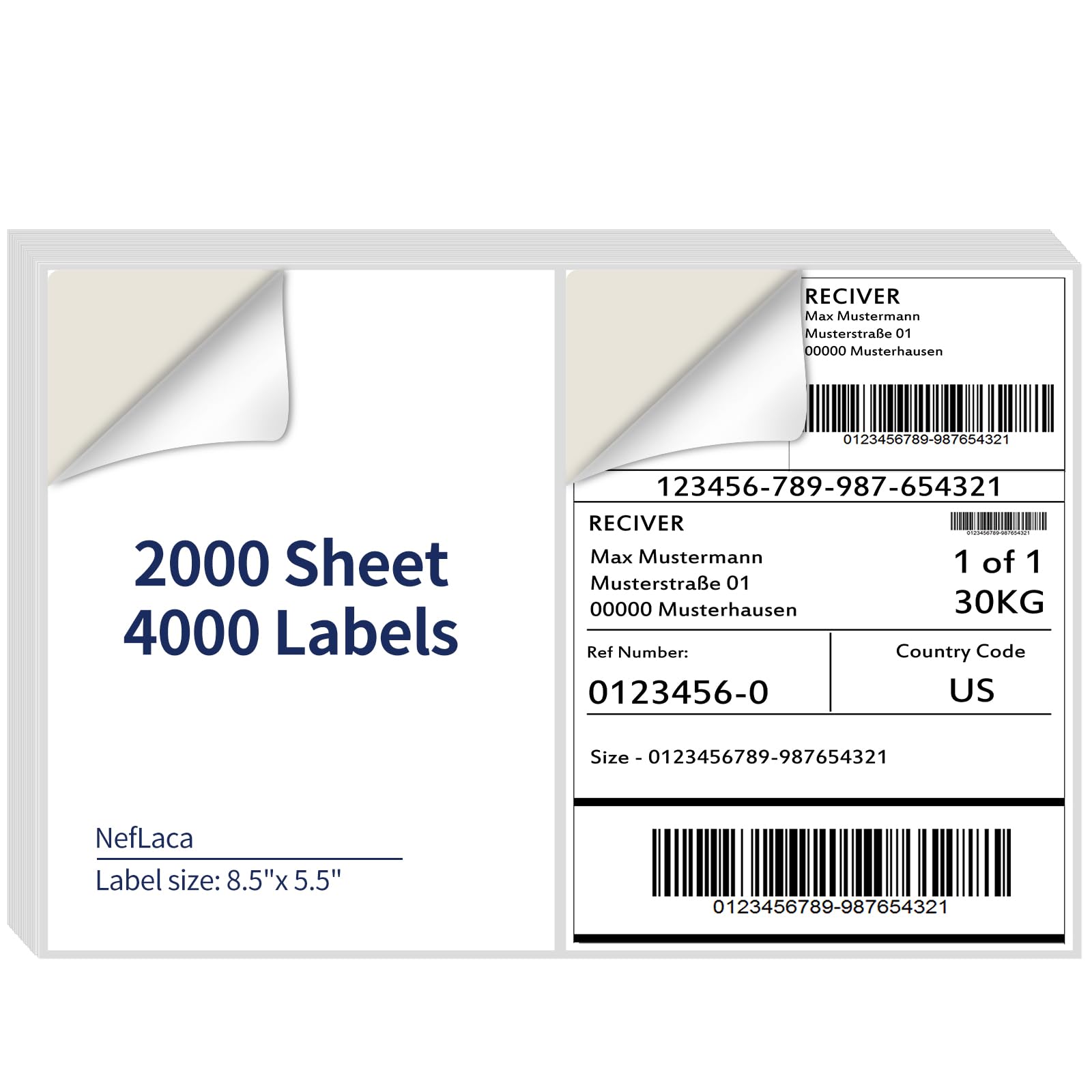 NefLaca 8.5" x 5.5" Half Page Self Adhesive Shipping Label, Compatible Laser & Inkjet Printers, White, 2 Labels Per Sheet(2000 Sheet 4000 Labels)