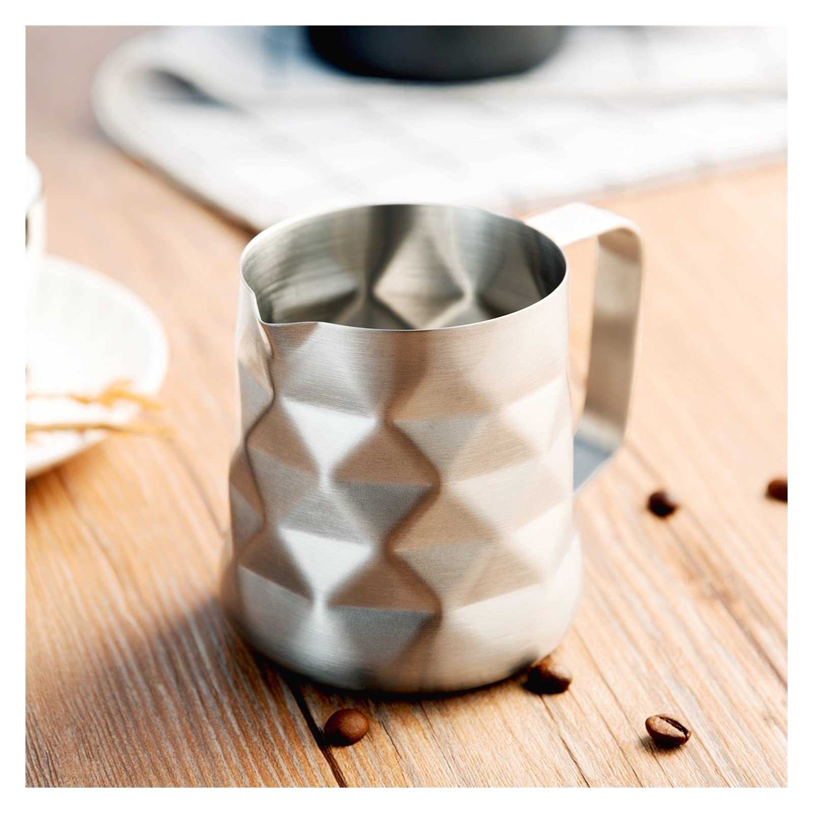 ESOUY Sauciere, Edelstahl, prismatisch gestaltet, Milchaufschäumkrug, Milchkännchen, Espresso-Kaffee, Barista, Craft, Latte, Milch, Sahne, Soßenkrug (Kapazität: 350 ml)