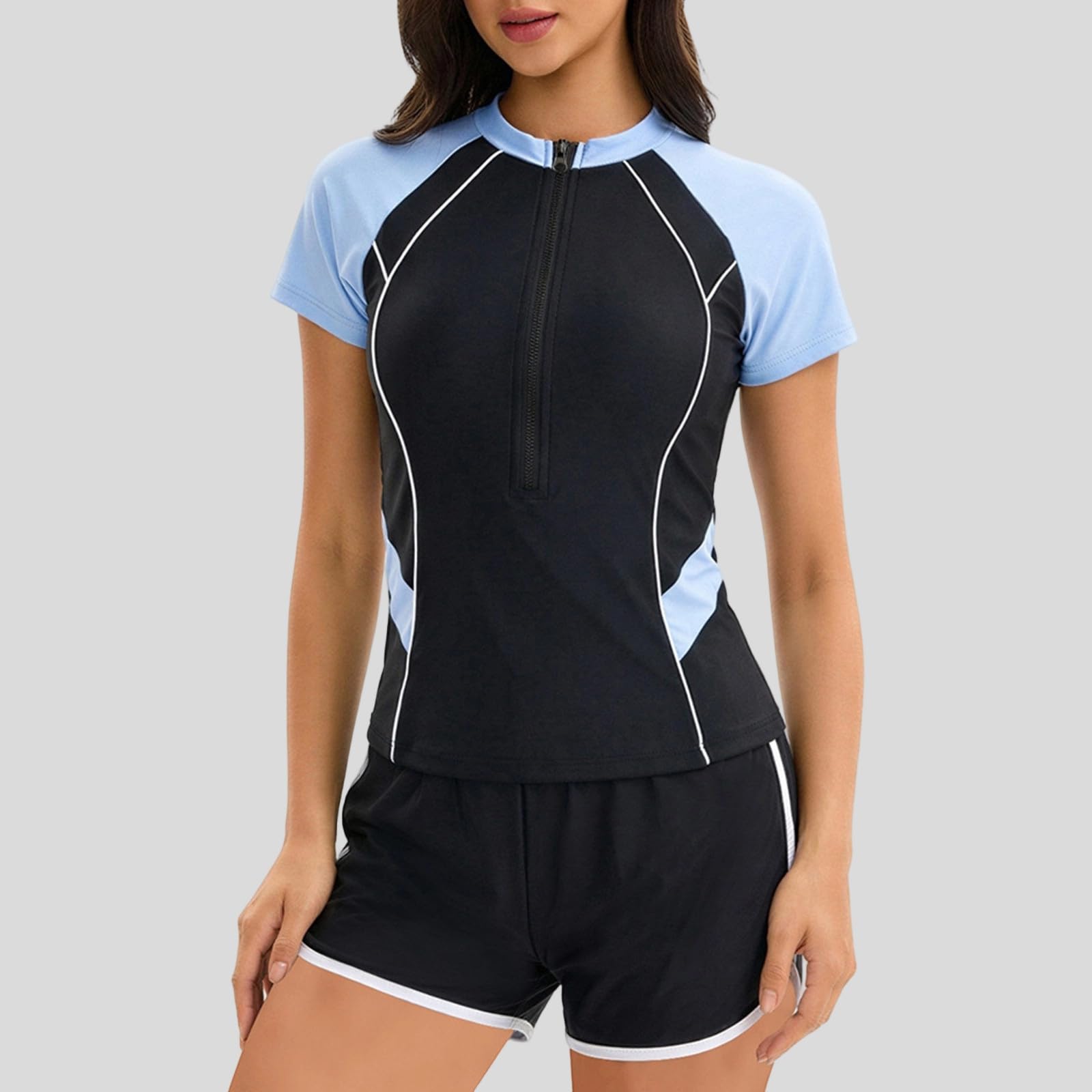 Traje baño Rash Guard Tankini Media Cremallera Manga Corta Mujer Color Block