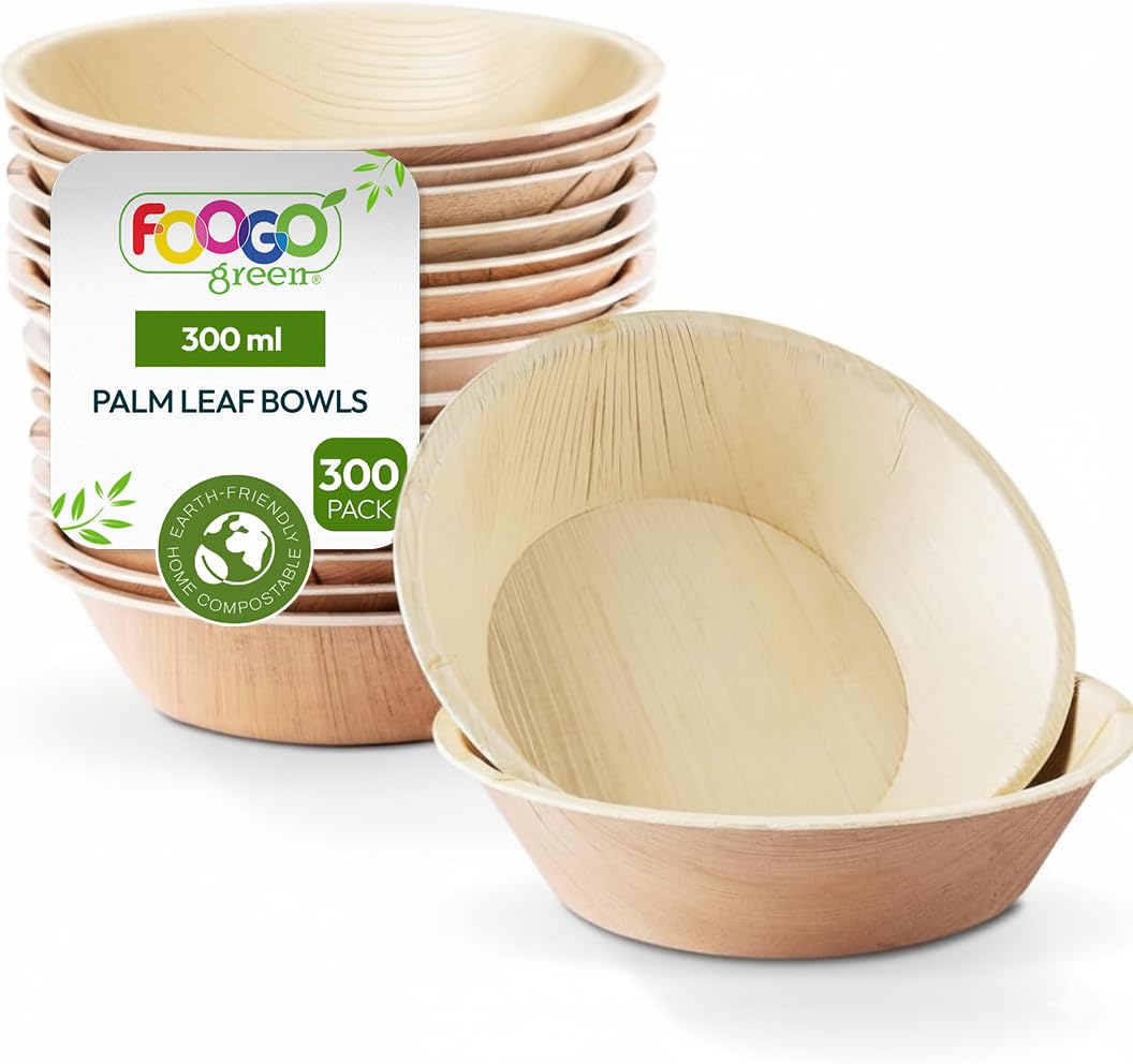 FOOGO Green 300pcs Disposable Palm Leaf Bowls, 6" (15cm), 10.5oz (300ml), for Desserts & Salad, Round, Eco Friendly Biodegradable Compostable, Like Wooden, Bamboo and Paper Bowls, Party