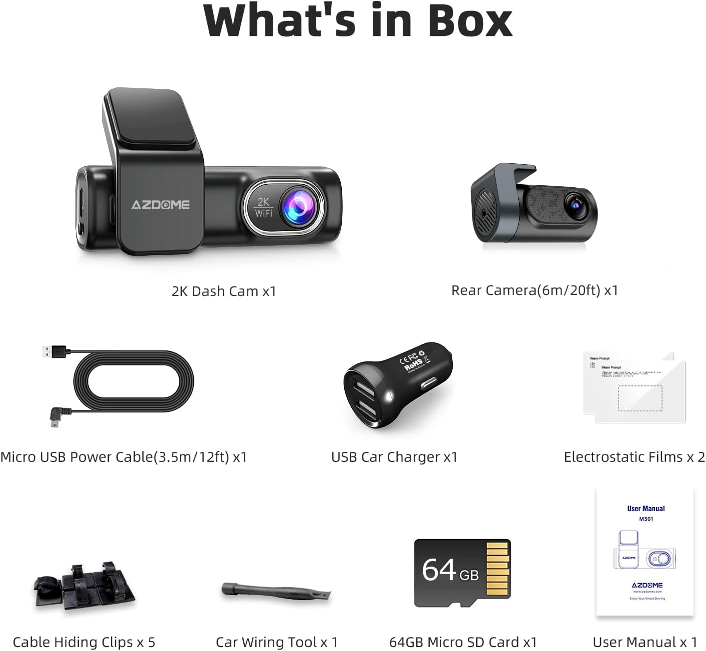Contents of the AZDOME M301 box including front dash cam, rear camera, cables, car charger, SD card, electrostatic films, cable clips, wiring tool, and user manual.