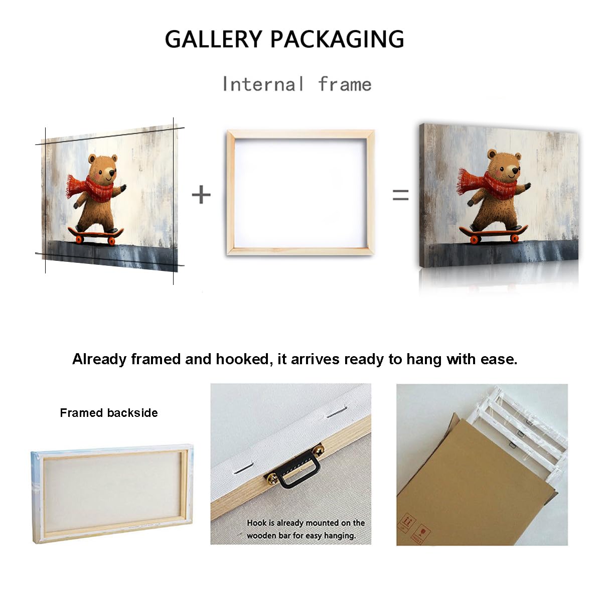Via Vela Sculptures murales en toile d’ours en skateboard illustrations ludiques d’animaux de nursery affiches modernes pour chambre salon décoration intérieure 50x60cm