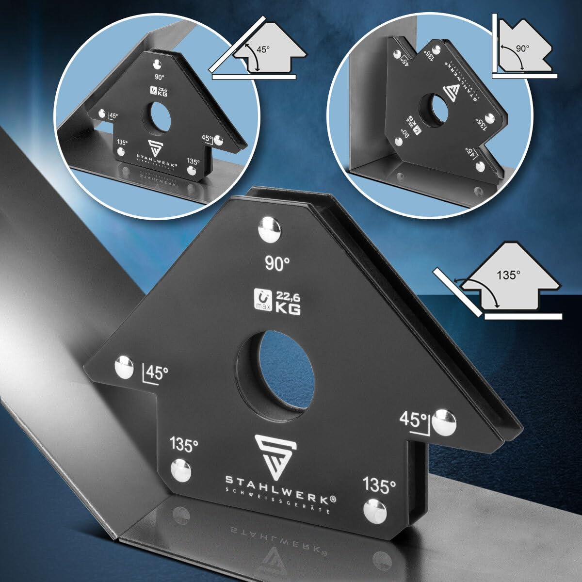 STAHLWERK Schweißmagnet 4er Set – je 22,6 kg (50 lbs) Haftkraft, 45° | 90° | 135° Winkel, starke Magnet-Schweißwinkel mit Rundloch zum präzisen Positionieren von Werkstücken bei Löt- & Schweißarbeiten