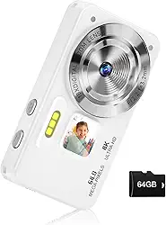 Câmera digital, foco automático 4K 64 MP apontar e fotografar câmeras digitais para adolescentes com cartão de 64 GB, câmera de vídeo compacta antivibração com zoom 18X para estudantes, crianças,