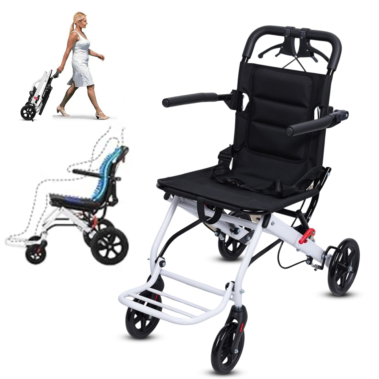 YGNVMCXJG Portable Lightweight Folding Wheelchair for Seniors and Adults, Transport Chair for Travel & Airplane, Narrow Doorways, 18.5" Wide Seat, Aluminum Frame, Adjustable Safety Belt, PU Wheels