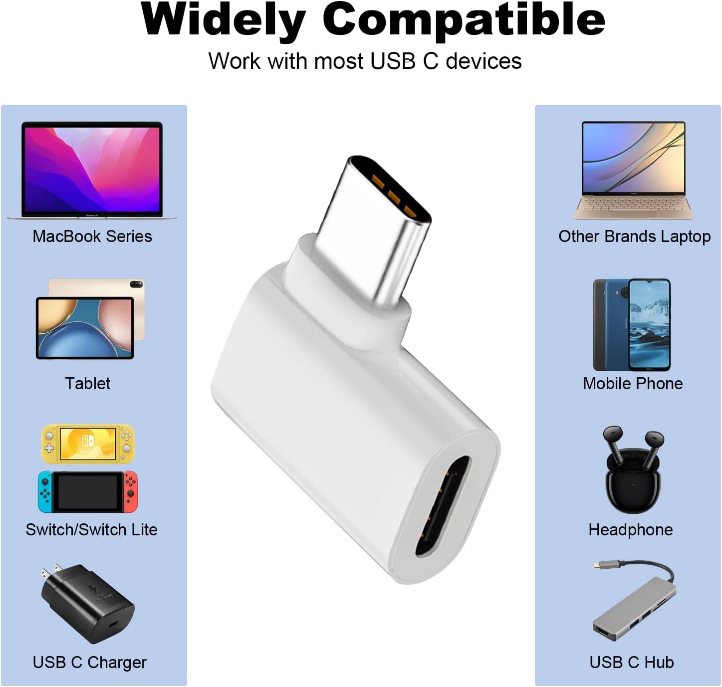 AreMe 2 Pack USB C Male to Female Adapter, 90 Degree Right Angle 140W Type C Extender Adapter for Thunderbolt 4/3, MacBook Pro/Air, Laptop, Phones and More Type C Devices (White)