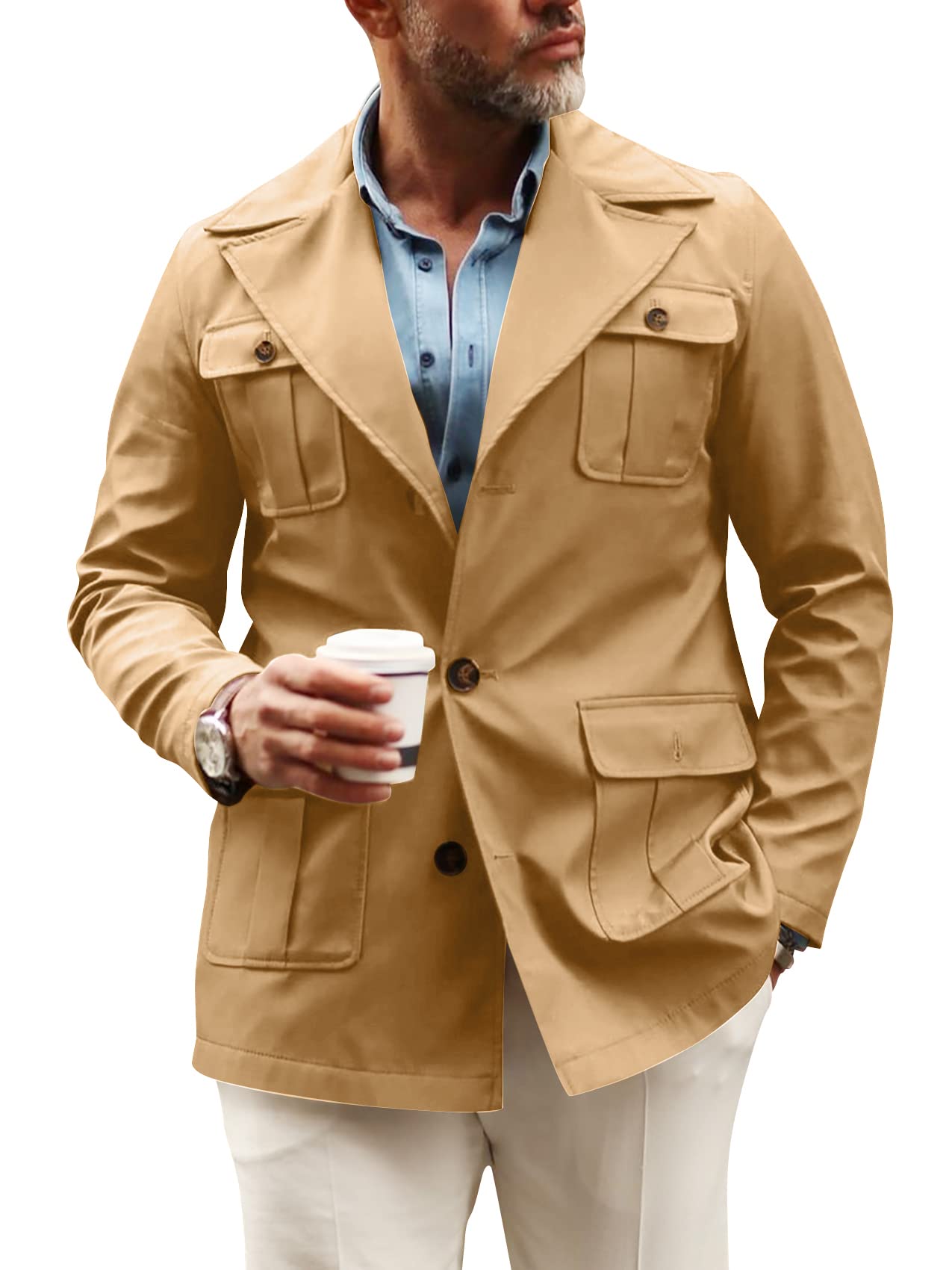 Pretifeel Mens Lightweight Safari Jacket Casual Military Button Up Multi-Pocket Cargo Coat Outwear