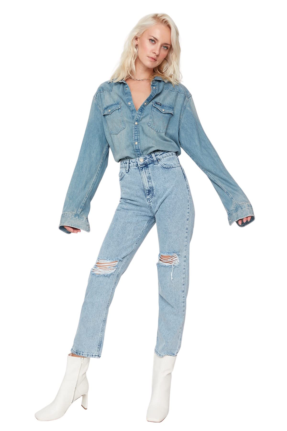 Trendyol Women High Waist Straight Leg Straight Jeans Blau