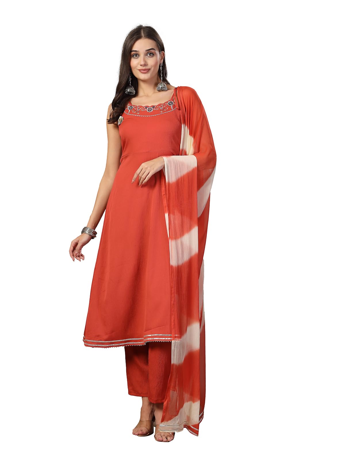 Stylum Women's Solid & Embroidered Poly Crepe A-Line Kurta Dupatta Set (Kdrusthassal38_Rust, M)