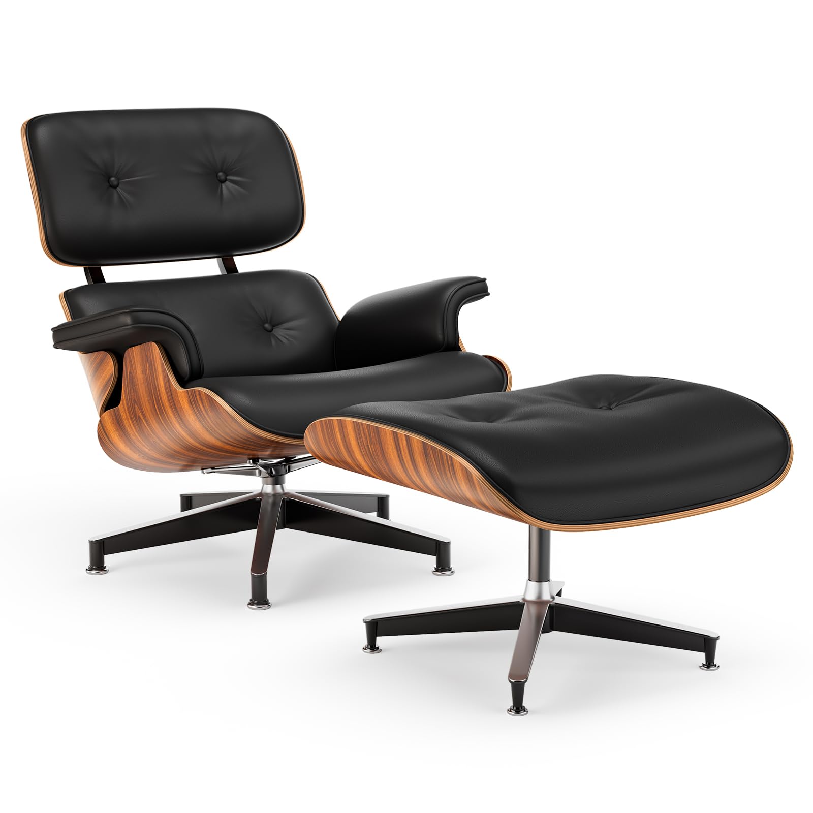 Mid Century Modern Top PU Leather Chaise Lounge Chair &amp; Ottoman