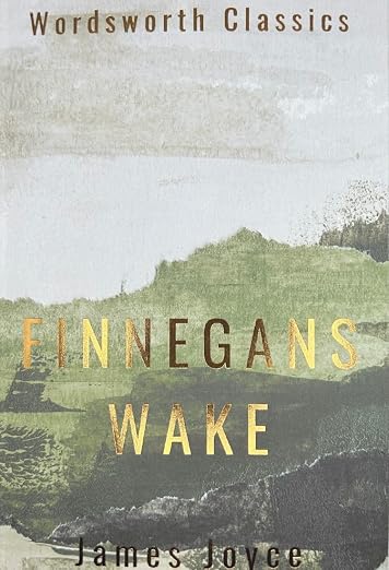Finnegans Wake by James Joyce, a surrealist novel book cover featuring a painted scene evoking green hills and clouds.