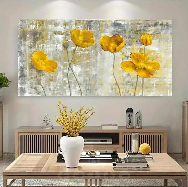 Tableau sur toile fleurs jaunes 30x60cm texture moderne haut de gamme