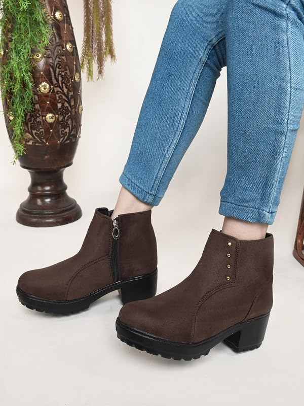 Image of XE Looks 100% Vegan Leather Women's Black Suede Ankle Boots for Women | Chunky Heel with Decorative Studs | Comfortable & Stylish Winter Boots For Girls & Women