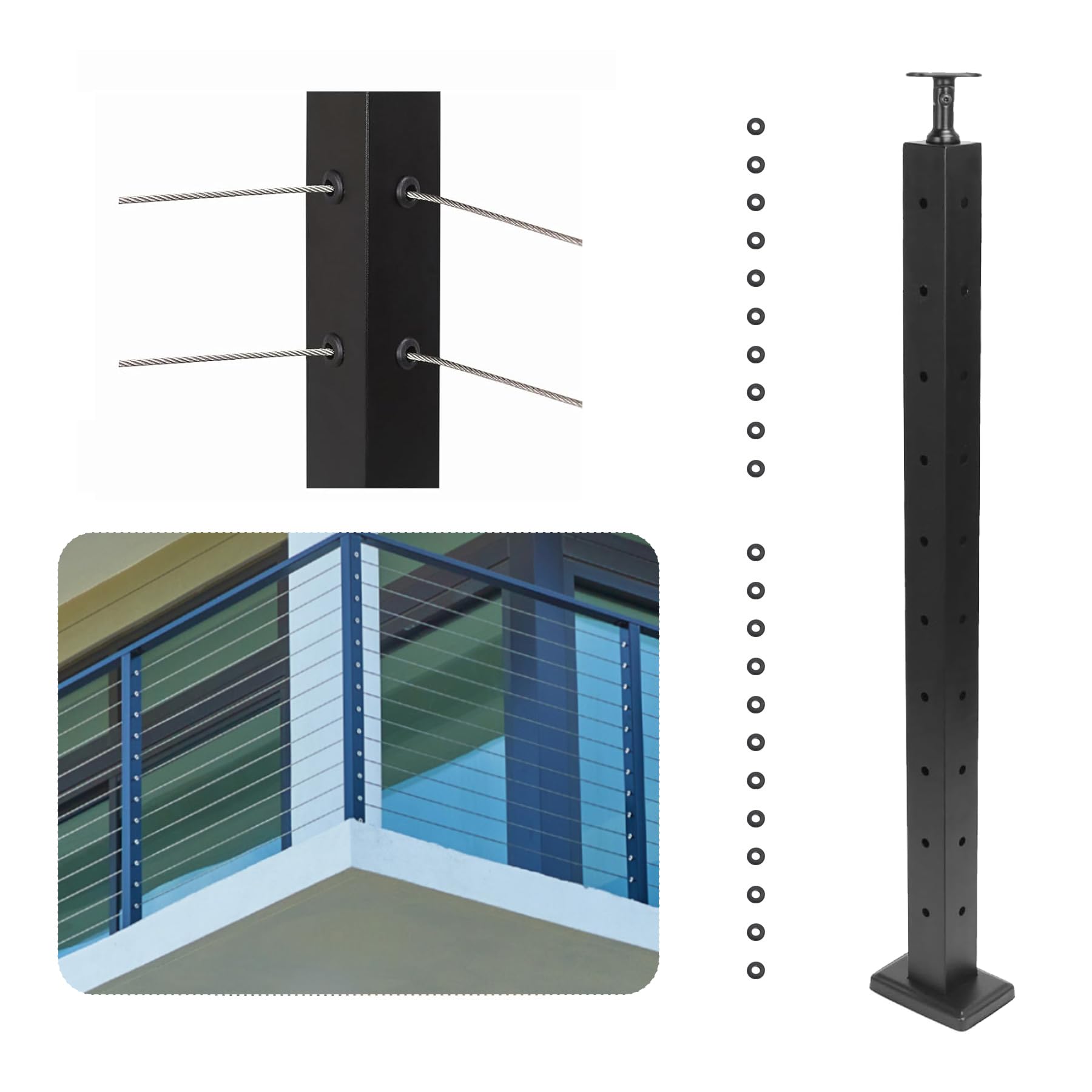 Sidasu 36x2x2 Inch L-Drilled Cable Railing Post Corner Post,Stainless Steel Adjustable Line Post Stair Railing Black Cable System Deck Railing Kit,