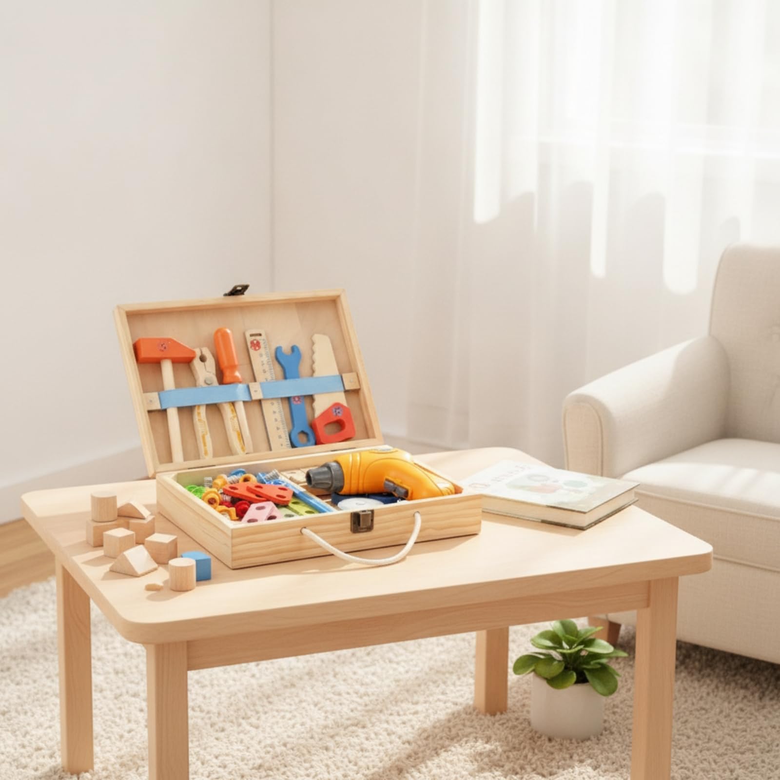 rockible Cassetta Degli Attrezzi per Bambini Kit Costruzione Ingranaggi Dadi Bulloni Martello Avvitatore Giocattolo in Legno E Plastica con Scomparti Ordinati