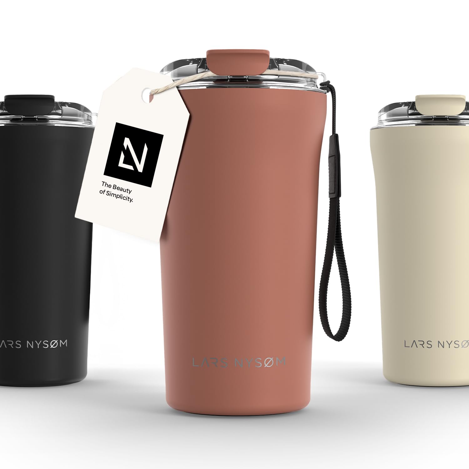 LARS NYSØM Thermo Coffee Mug-to-go with Strap 17oz | Travel Mug 0.5 Liter with Insulation | Leak Proof Stainless Steel Thermal Tumbler for Coffee and Tea to Go (Brick Red, 500ml)