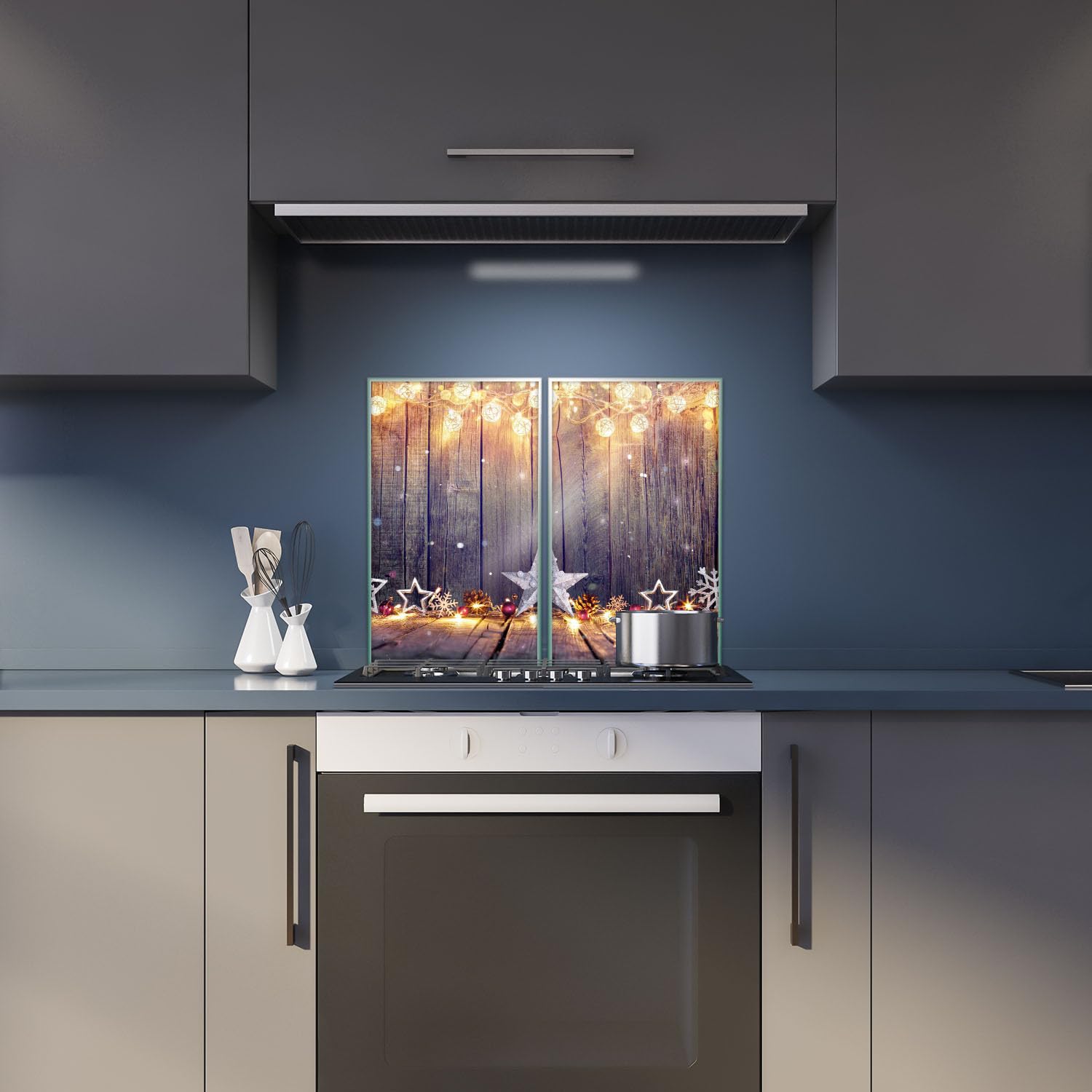 Herdabdeckplatte Abdeckung Ceranfeld Abdeckplatte Schneidebrett 2-Teilig 60x52 Winterbeleuchtung Gold Spritzschutz Glasplatte Ceranfeldabdeckung Herdschutz Sicherheitsglas Glasschneidebrett 2x30x52