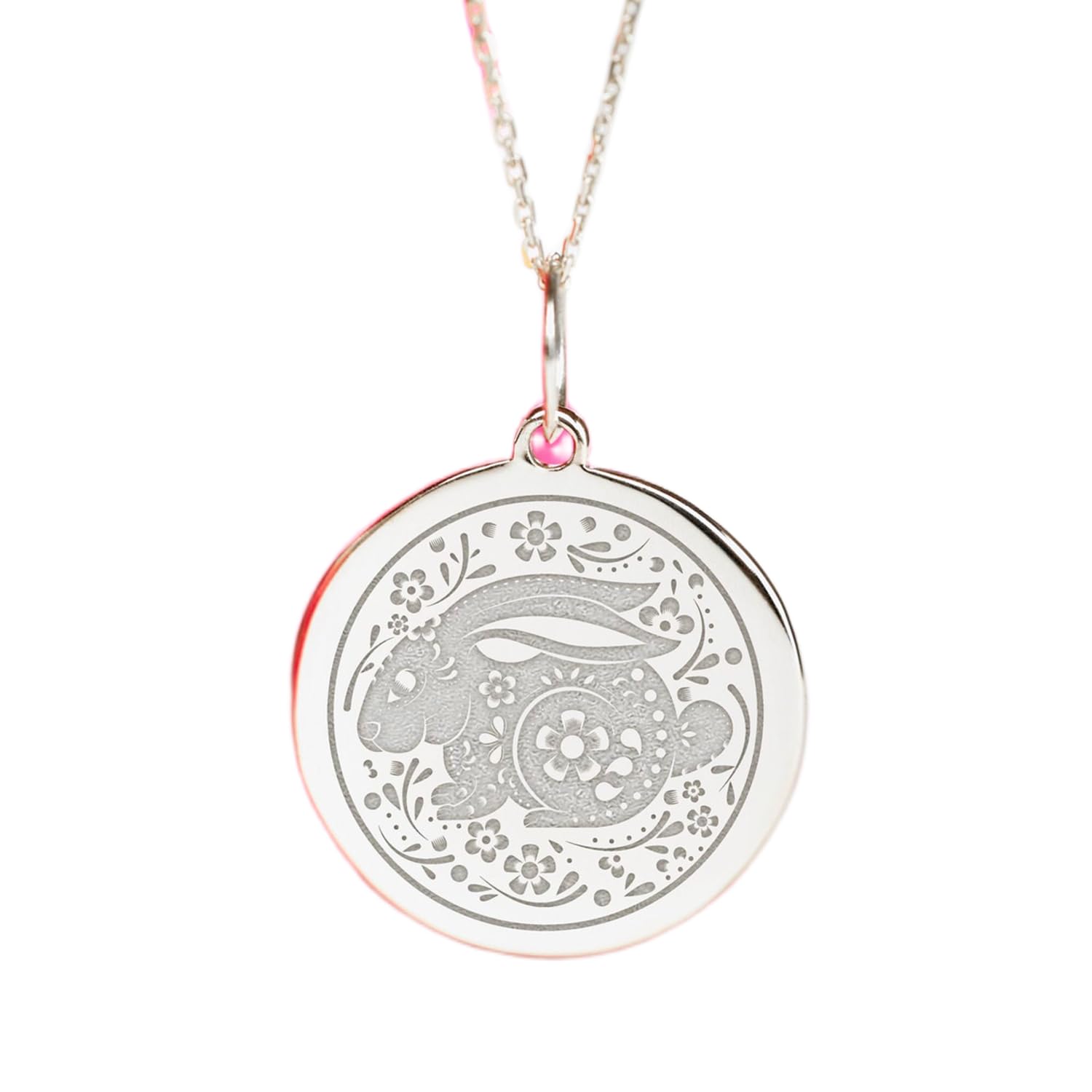 LKBEADS Collana con ciondolo a forma di moneta incisa a forma di coniglio dello zodiaco, 24 mm, con catena a maglie da 18 pollici | Argento Sterling 925 | Gioielli regalo unisex | LK_PNDN_2307