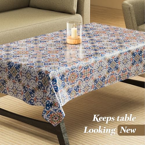 Image of Kuber Industries 36x54 Inch PVC 4 Seater Table Cover Cloth | Multipurpose Rectangle Dining Table Cover /Cloth for Party and Events | Star Flower - Blue