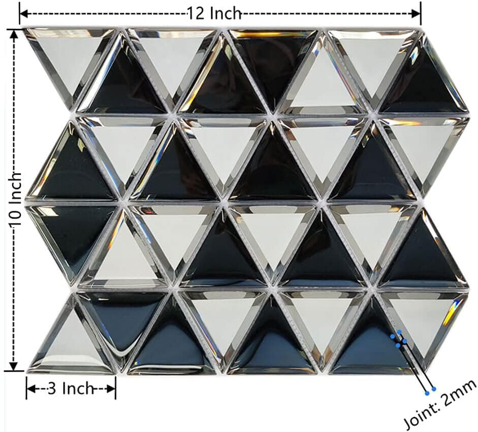 Best Deal 🛒 Diflart Mirror Glass Mosaic Tile 3 Inch Triangle Silver and Black Beveled Reflection for Kitchen Backsplash Bathroom Wall Tiles 5 Sq.ft Super Deal Product Diflart Mirror Glass Mosaic Tile 3 Inch Triangle Silver and Black Beveled Reflection for Kitchen Backsplash Bathroom Wall Tiles 5 Sq.ft