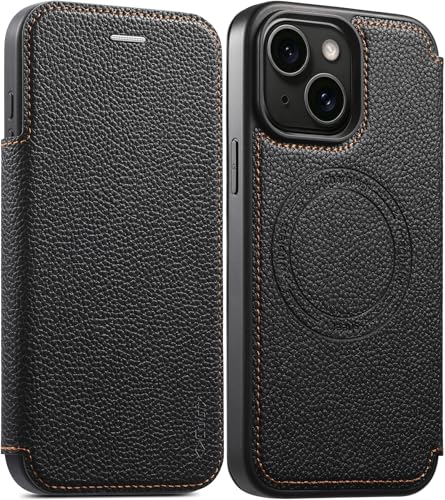 Image of Cubix Flip Cover for iPhone 15 | Pebble-Grain Texture | N52 High-Strength Magnet | Magnetic Wireless Charging Compatible | 2 Card Slot | Slim Full Cover (Black)