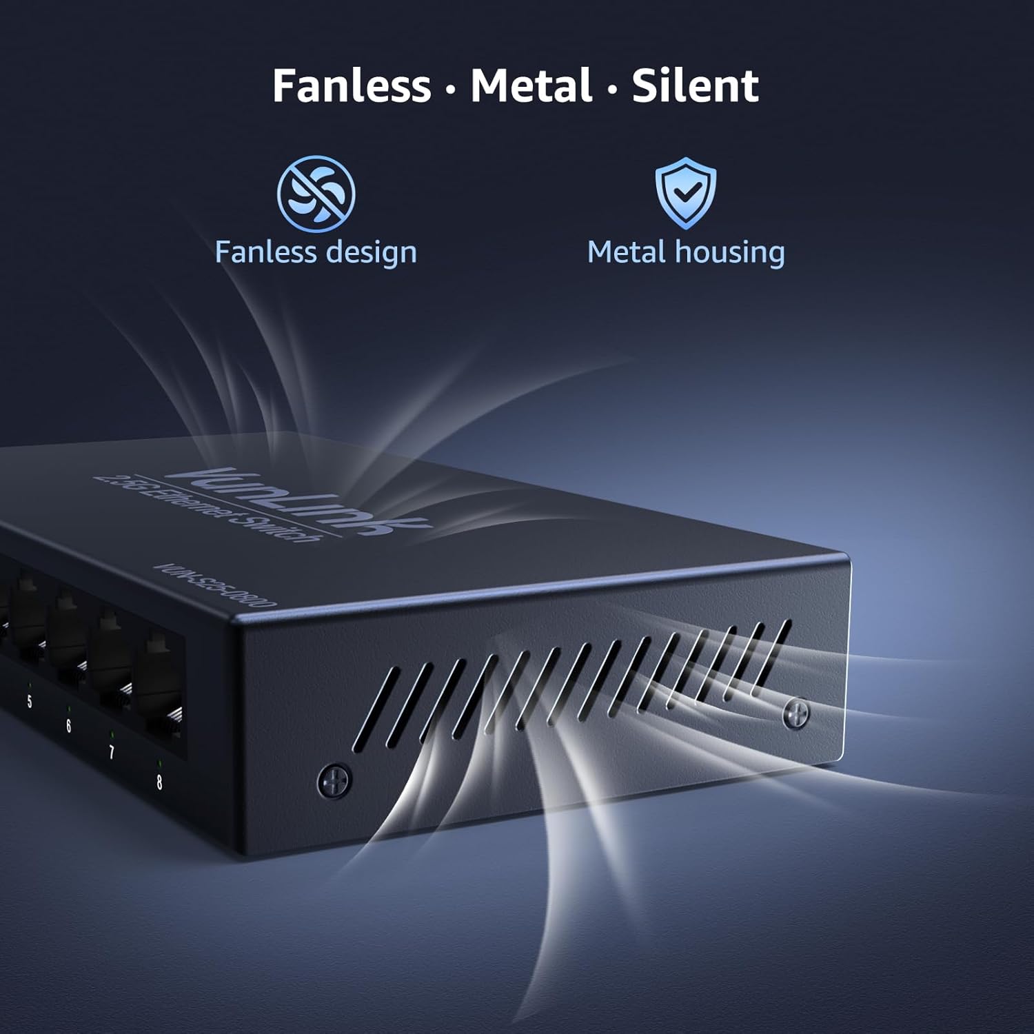 8-Port 2.5G Unmanaged Ethernet Switch, VunLink Multi-Gigabit 2.5GbE Network Switch, 8×2.5Gbps RJ45 Ports, Plug & Play, Fanless Metal Desktop/Wall Mount, Cat5e Compatible for NAS, Gaming & Home Office