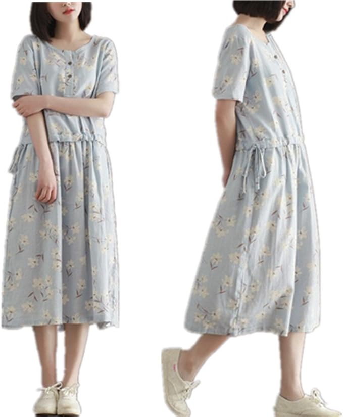Amazon Co Jp レディース 綿麻 リネン ワンピース Aライン リネン 春 夏 ワンピース 森ガール 大きいサイズ ワンピース 花柄 森ガール 風 マキシワンピース 体型カバー L 服 ファッション小物
