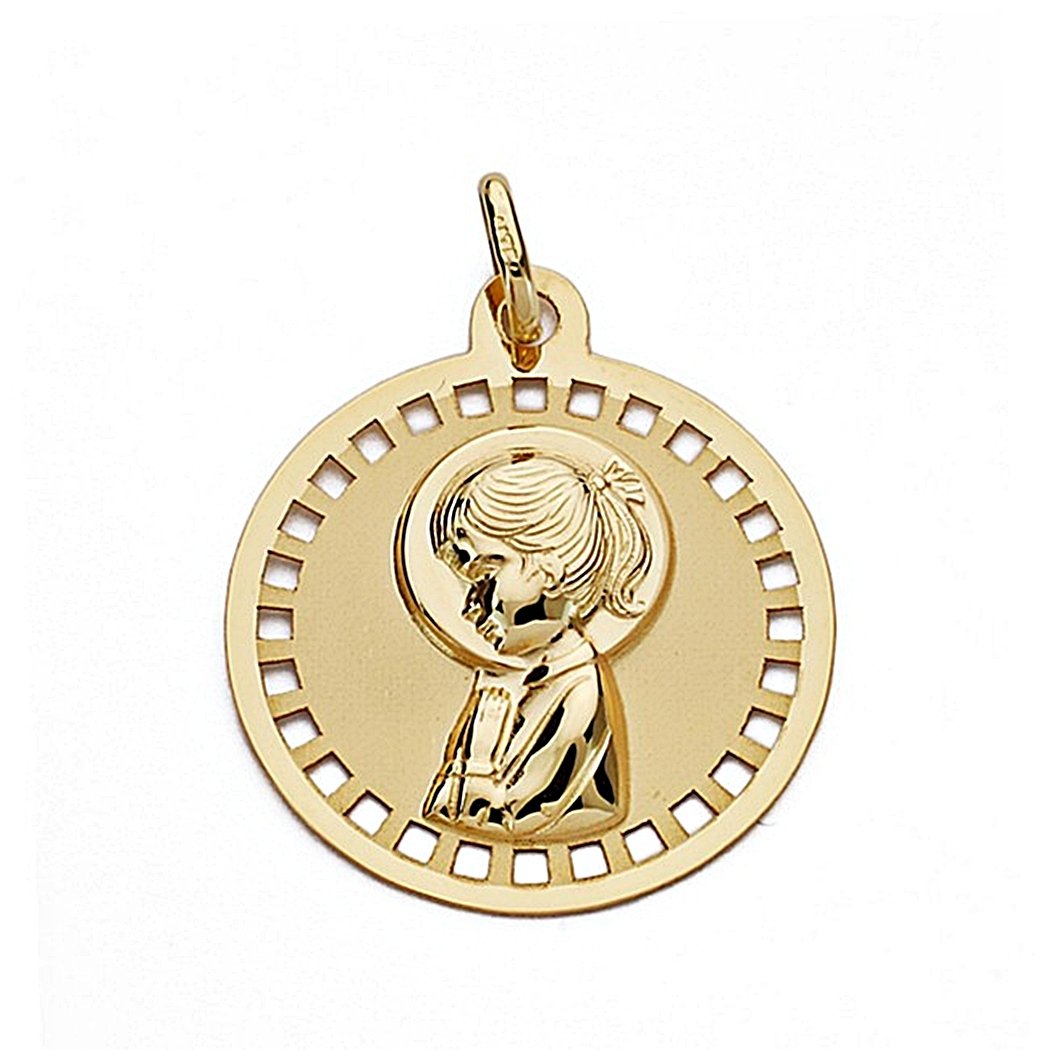 Medalla colgante oro 18k Virgen Niña 18mm. liso circular cerco calado cuadros