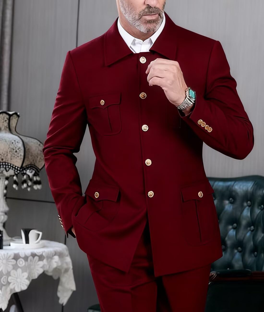 2 Pieces Men Chinese Tunic Suit Safari Suits for Men Gold Button Blazer Pant Set Traditional Wedding - Image 6