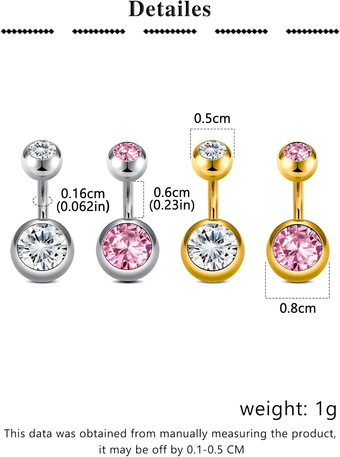 Longita Belly Button Rings Short Bar for Women Stainless Steel Belly Ring Navel Piercing Jewelry 14g Colorful Ball Pack 6mm 1/4” 8mm 5/16“ 10mm - Image 2
