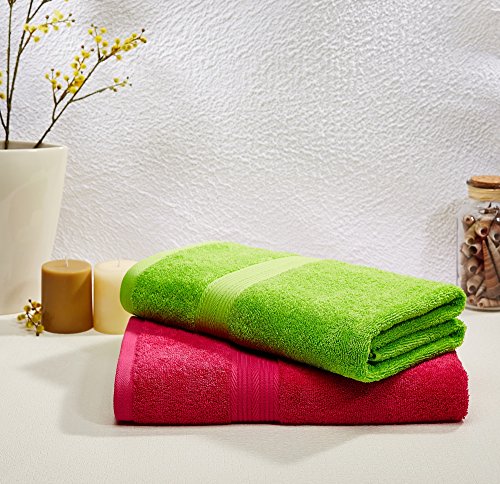 Image of Amazon Brand - Solimo Cotton 2 Piece Bath Towel Set, 500 GSM (Spring Green and Paradise Pink)