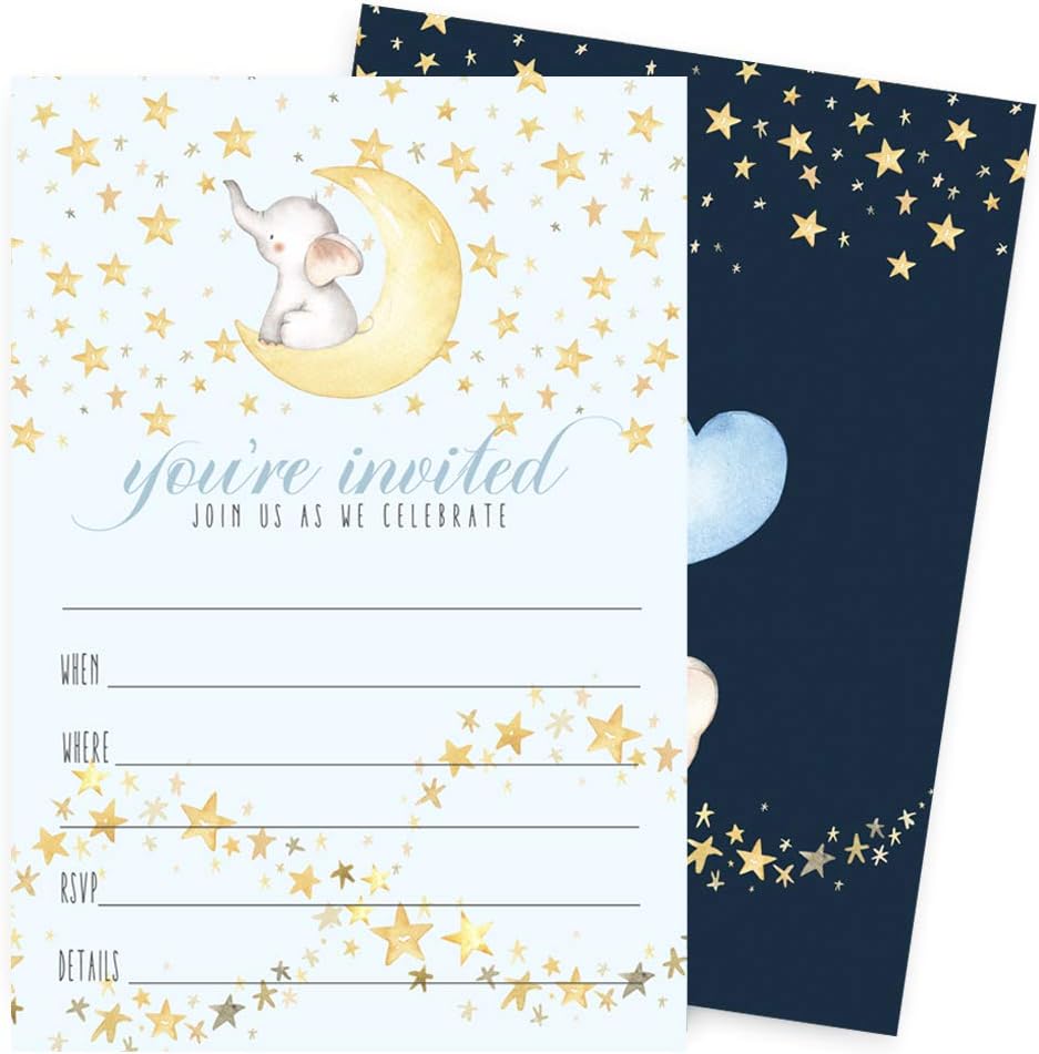 Star and Elephant Invitations with Envelope Pack of 15 – Blank Invites for Boys Baby Shower, Reveal, Sprinkle – Twinkle Starry Moon Event Designs Blue – Printed 4x6 Size Card Set - Paper Clever Party