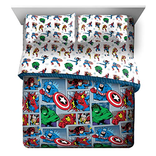 Image of Marvel Comics Iron Man Queen Comforter Set 5 Piece Kids Bedding, Multi | Hulk Captain America, Bed in a Bag, Comforter Sheets Pillowcases, Soft Microfiber, Machine Washable, Boys Gift