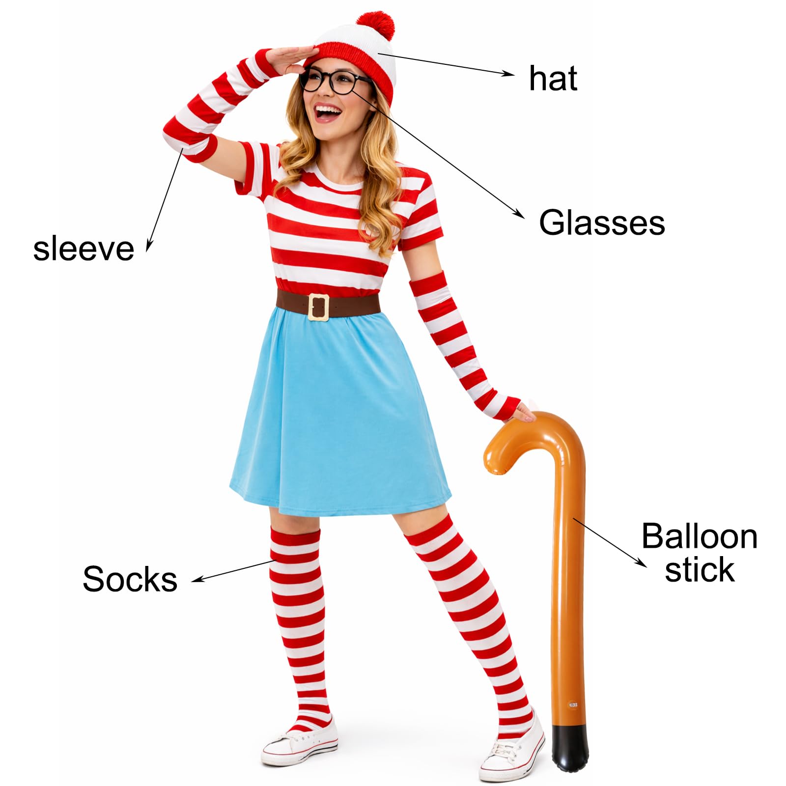 MUNSKT Wheres Wally Costume Set,Traje sombrero de alta forma gafas calcetines Guantes de rojo y blanco para mujer,traje más fresco para el día mundial del libro — view 7