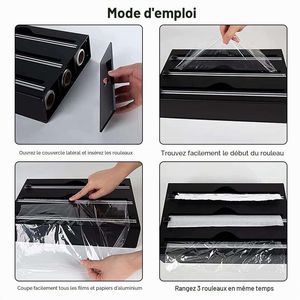 Dérouleur de Film Alimentaire Acrylique 34,5 x 21,6 x 7cm 3 en 1 Distributeur de Film Alimentaire Coupe-Film de Cuisine Distributeur de Film Plastique pour Organisateur de Cuisine