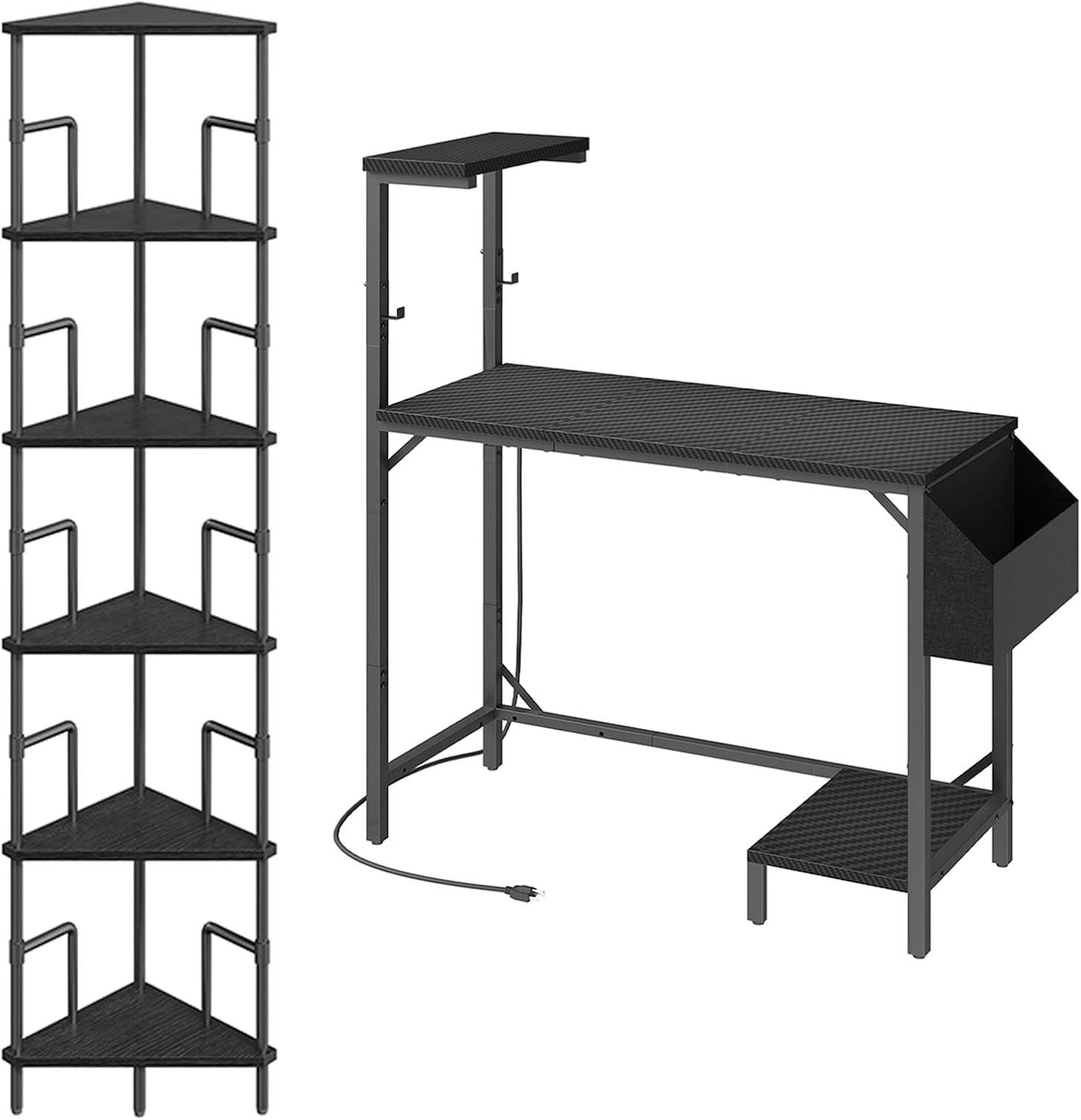 Corner Shelf and Gaming Desk Bundle, 6-Tier Bookcase with Metal Frame, Computer Desk with Charging Station, CSBK6601-CDHS134E01
