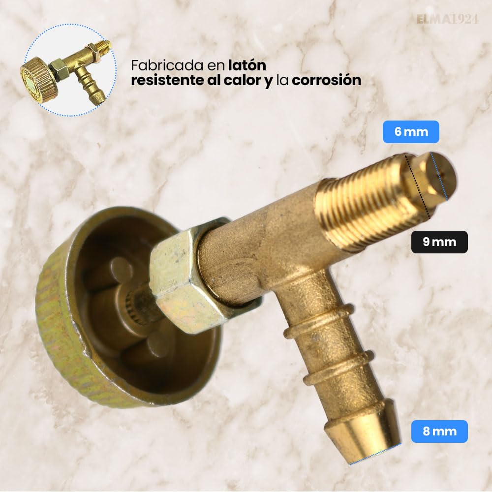 ELMA Válvula Reguladora de Gas Butano y Propano para Hornillo a Gas 8mm I Fabricado en Latón I Llave de Paso para Mangueras de Gas