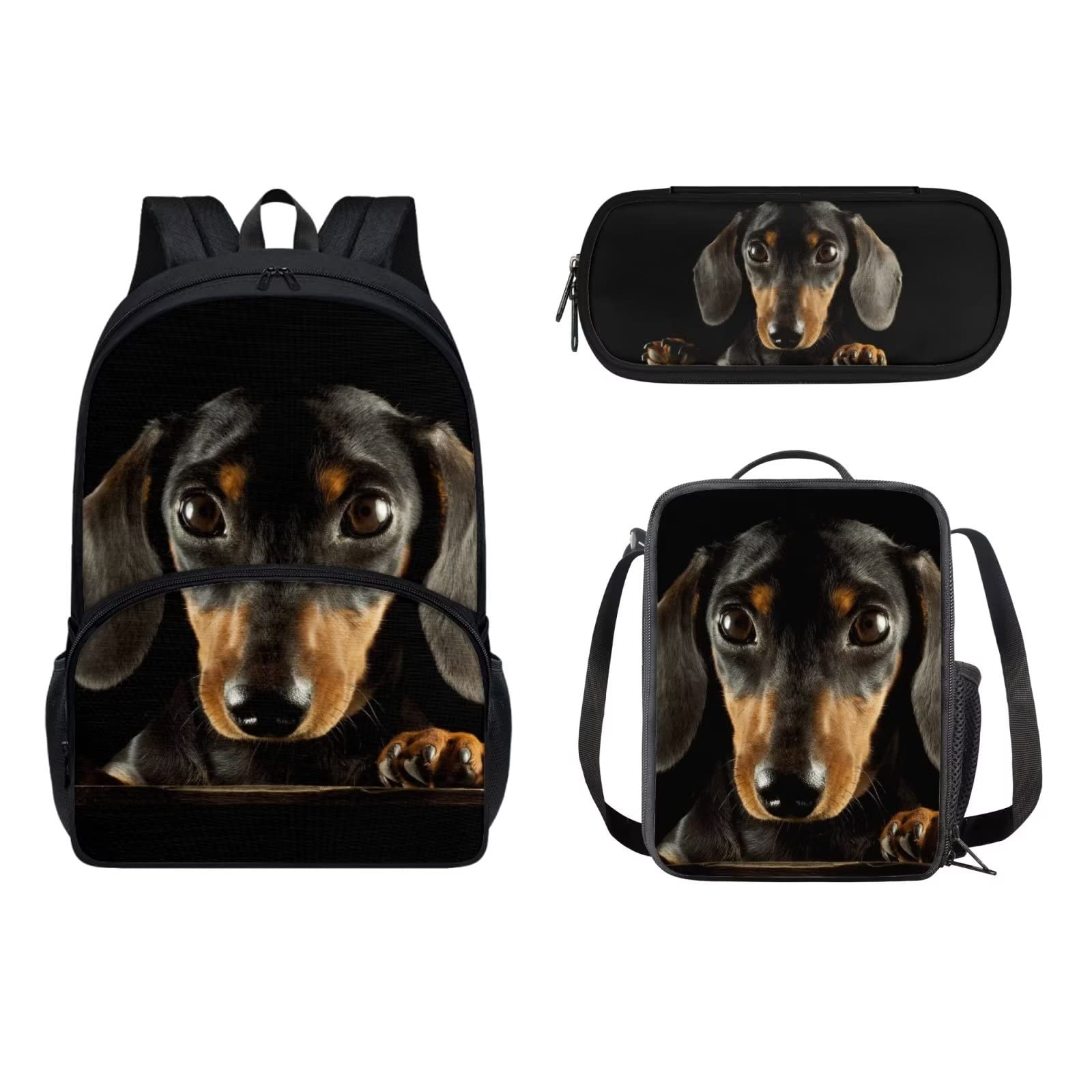 POLERO Mochila escolar de caballos para niños, juego de bolsas de almuerzo, estuche para lápices, 3 piezas, bolsas escolares, Perro Dachshund negro., Talla única, Mochila infantil