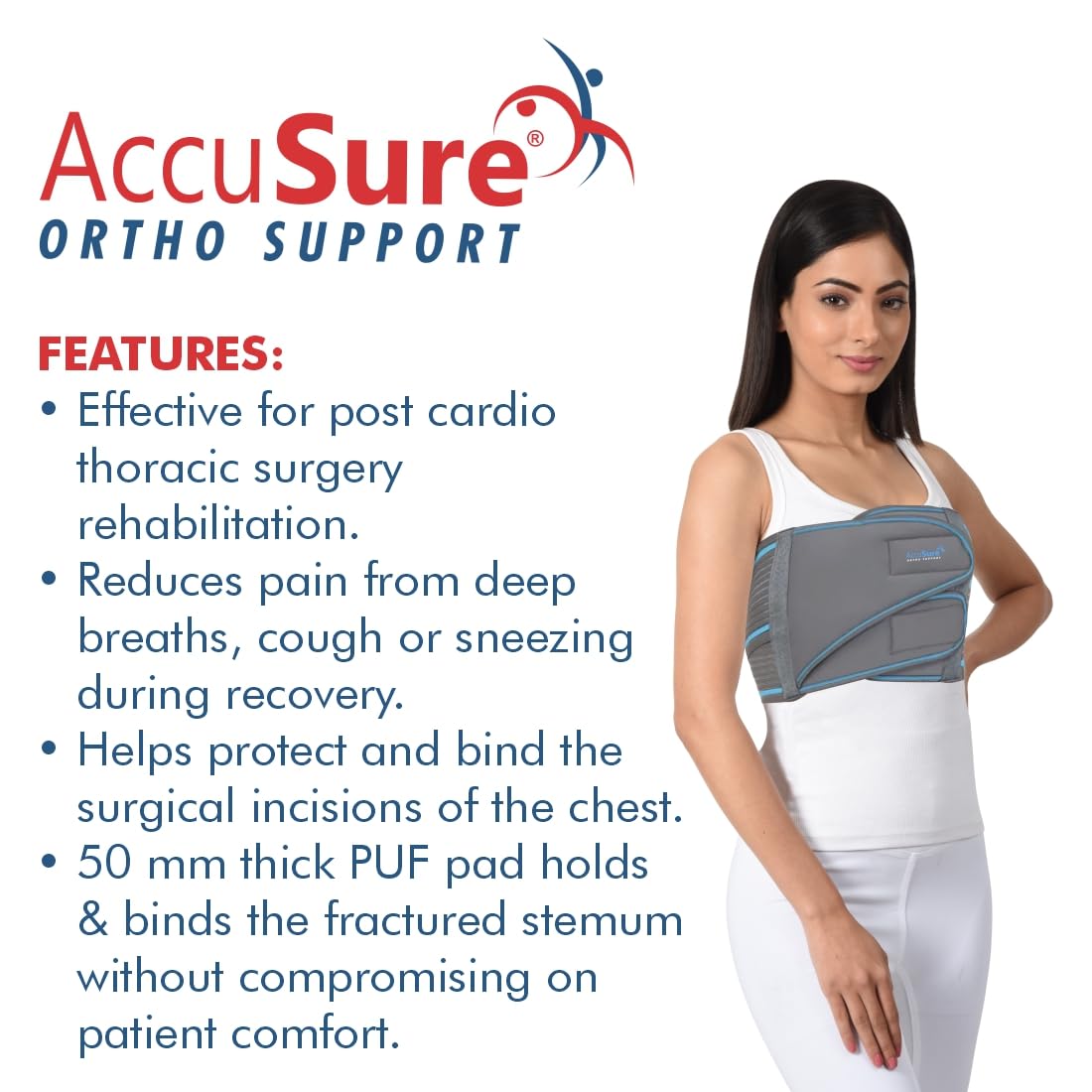 AccuSure Broken Rib Support Brace Unisex - Elastic Chest Wrap Compression Support Belt for Rehabilitation of Cracked, Fractured, Dislocated Ribs Post-Surgery Aid 2