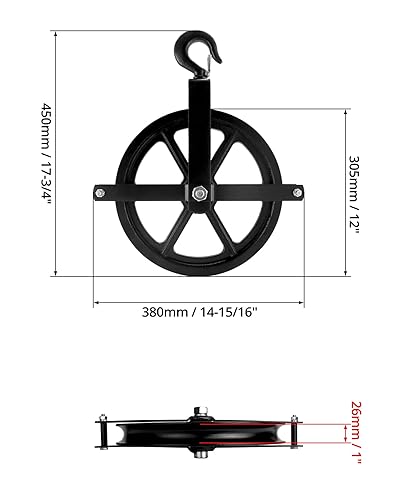Miniatura 6 de QWORK Ruedas de andamio, polea de elevación de aluminio de 12 pulgadas, polea de gancho de escalera de 1000 libras, polea de alzamiento de andamio