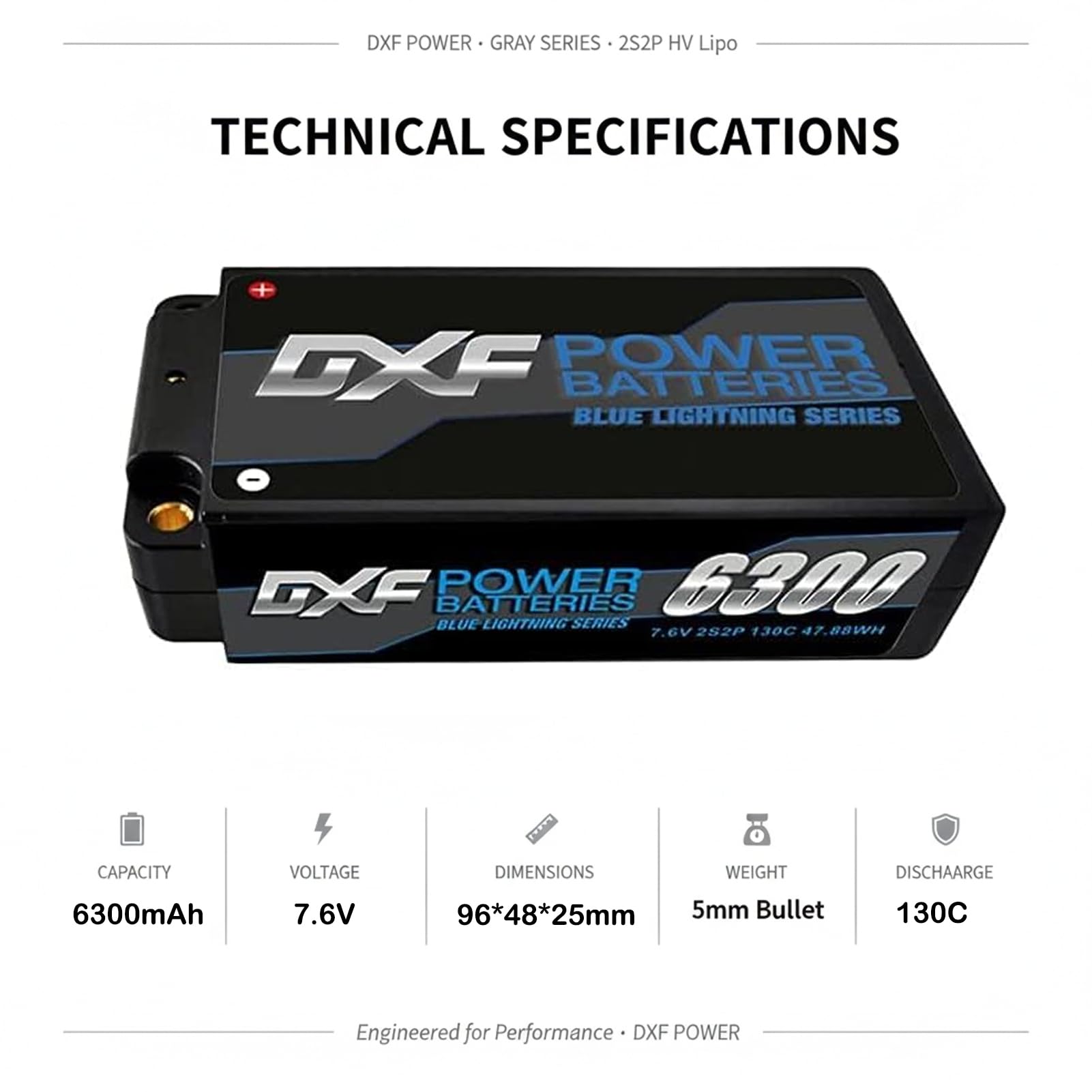 DXF Power Zestaw 2 baterii LiPo 2S HV 7,6V 6300 mAh 130C 2S2P Graphen | Twarde etui | Złącze Banana 5mm Deans T | JST-XHR-3P | Samochód ciężarowy Buggy RC 1/8 1/10 elektryczny