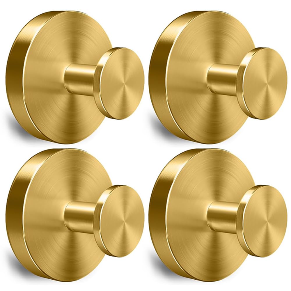 4-Pack Drill-Free Suction Cup Hooks, Stainless Steel Strong Vacuum Hooks for Bathroom Shower, Waterproof No Trace Towel Hangers, Only for Smooth Flat Surfaces (Gold)